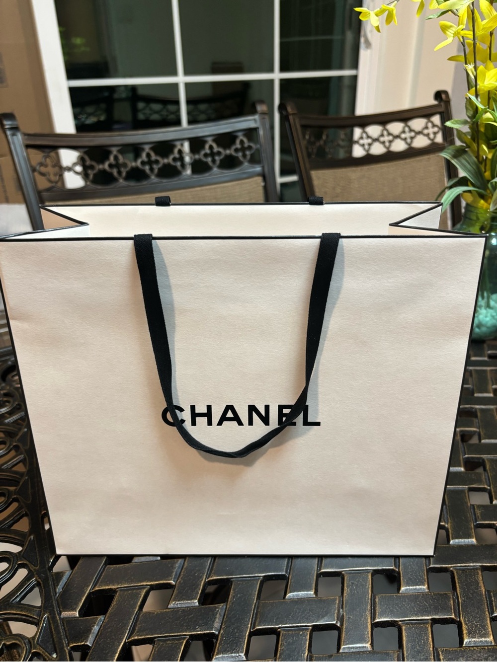 CHANEL White and Black Logo Shopping Bag